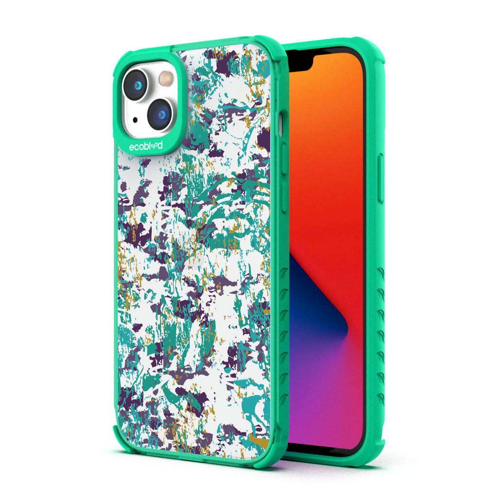 Contemporary Collection - Green Compostable iPhone 14 Case - Abstract Expressionist Paint Splatter On A Clear Back