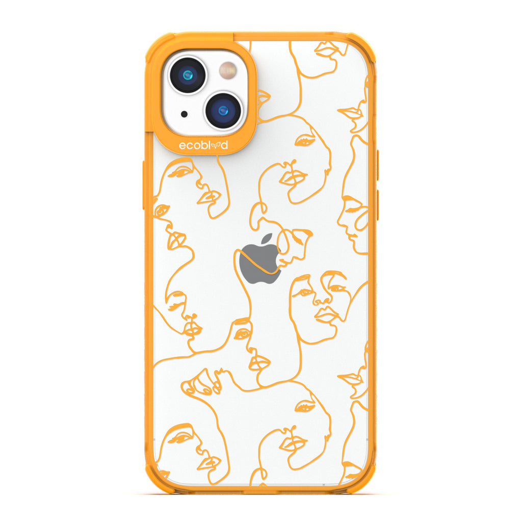 Contemporary Collection - Yellow Compostable iPhone 14 Plus Case - Line Art Of A Woman’s Face On A Clear Back