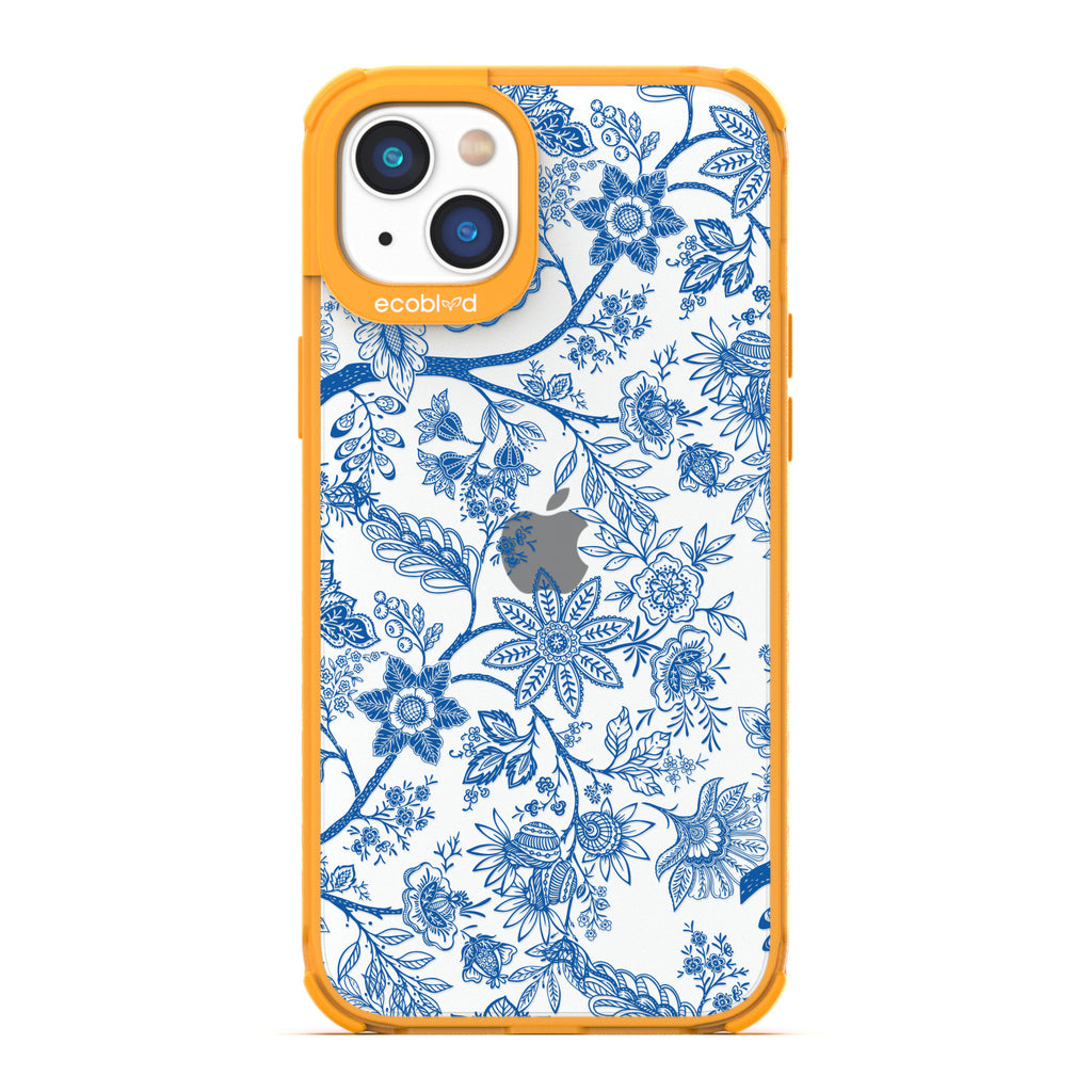 Timeless Collection - Yellow Laguna Eco-Friendly iPhone 14 Case With Blue Toile De Jouy Floral Pattern On A Clear Back