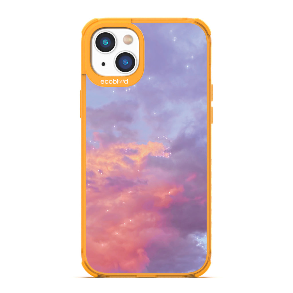 Love Collection - Yellow Compostable iPhone 14 Plus Case - Cloudy Pastel Sunset With Stars On A Clear Back