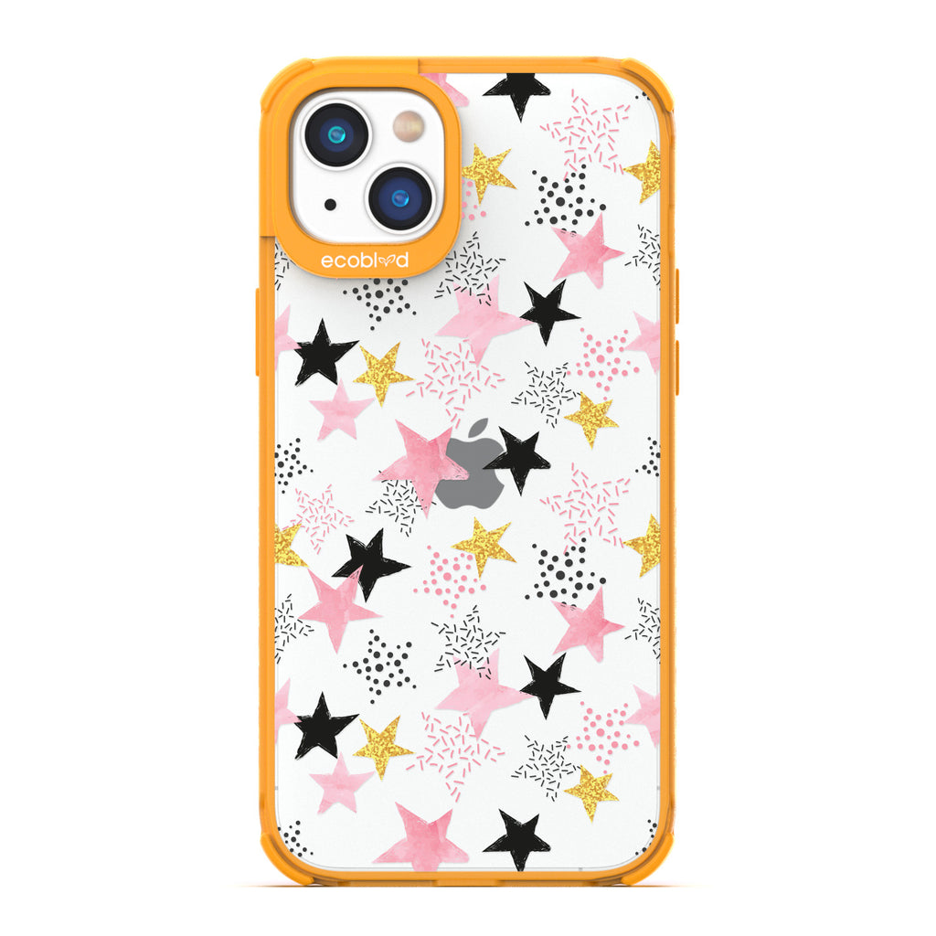 Winter Collection - Yellow Laguna iPhone 14 Case With Pink, Black & Gold Stars Alternating Solid & Polka Dot Patterns