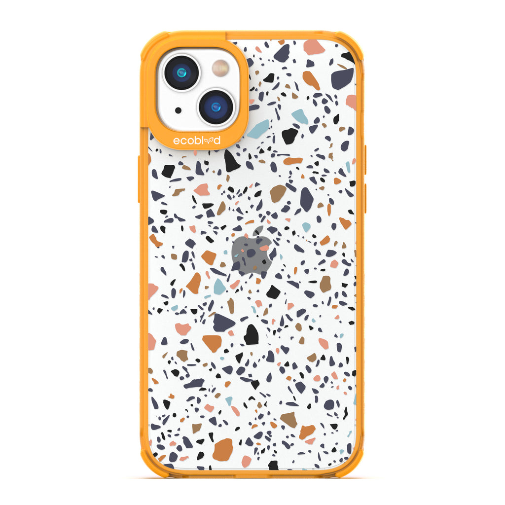 Timeless Collection - Yellow Laguna Compostable iPhone 14 Case With A Speckled Terrazzo Pattern On A Clear Back