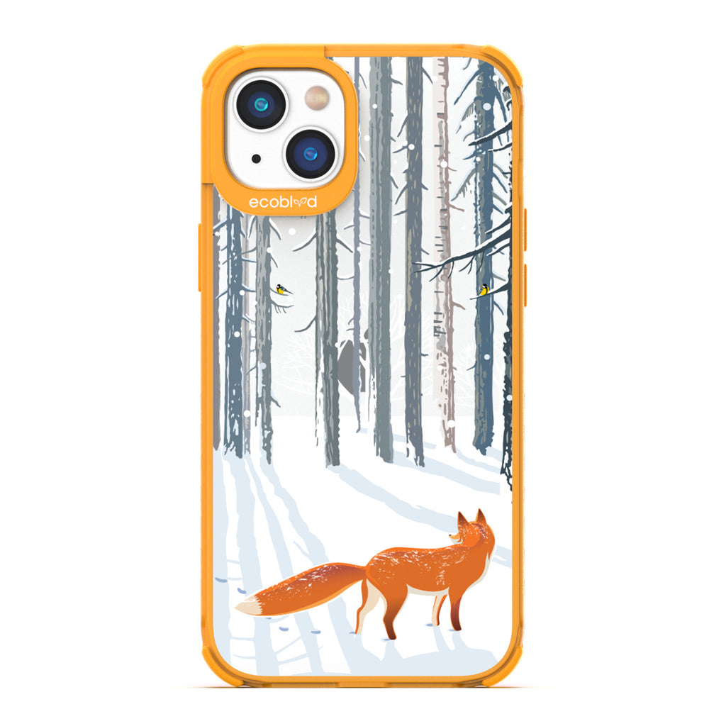 Winter Collection - Yellow Compostable iPhone 14 Case - Orange Fox Trails Pawprints In Snowy Woods On A Clear Back