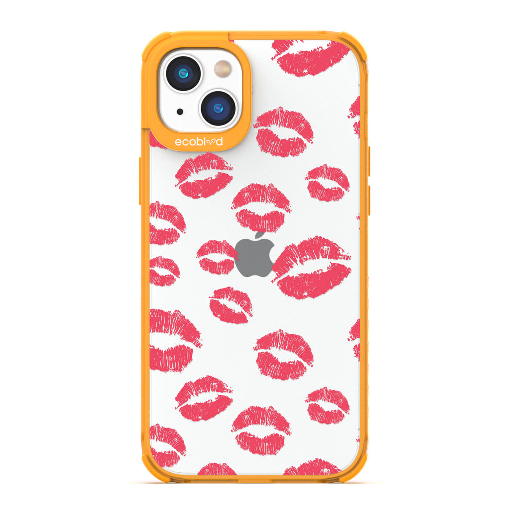Bisou - Yellow Compostable iPhone 14 Plus Case - Multiple Red Lipstick Kisses On A Clear Back
