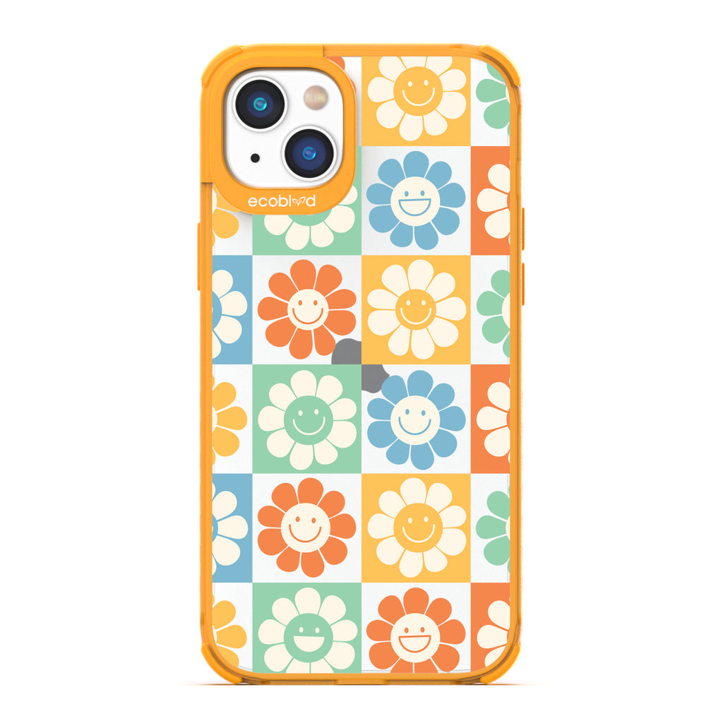 Spring Collection - Yellow Compostable iPhone 14 Case - 70's Gingham Cartoon Flowers W/ Smiley Faces On Clear Back