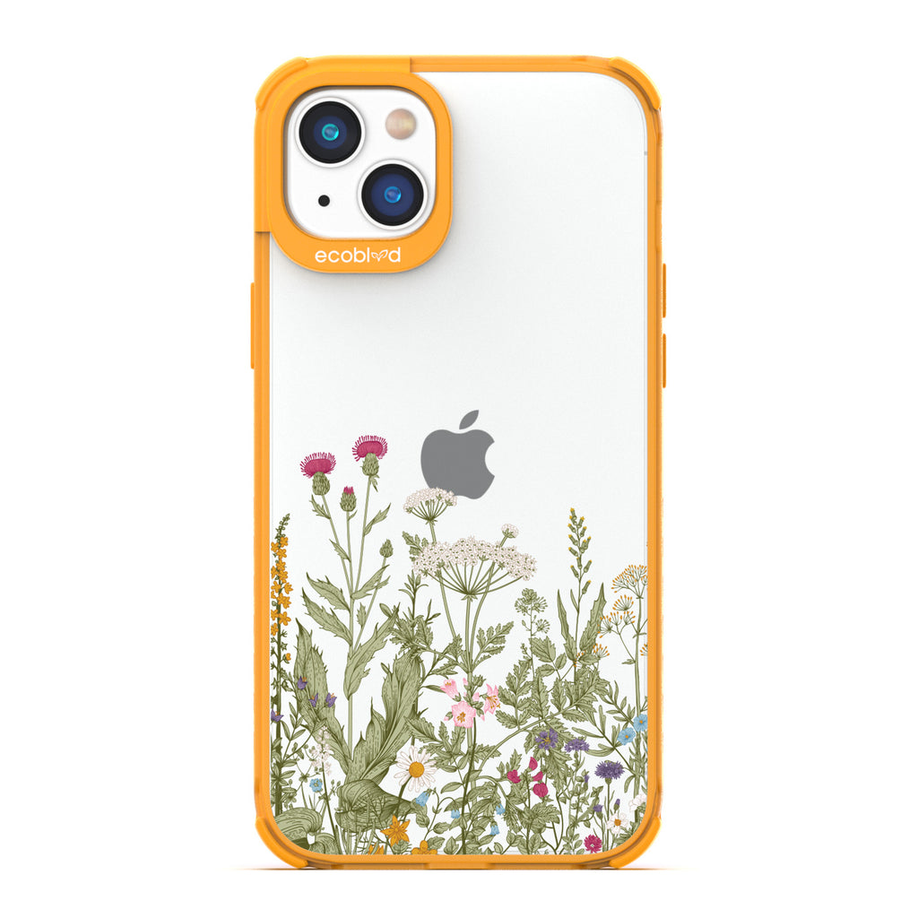 Spring Collection - Yellow Compostable iPhone 14 Case - Wild Herbs & Flowers Botanical Herbarium On A Clear Back