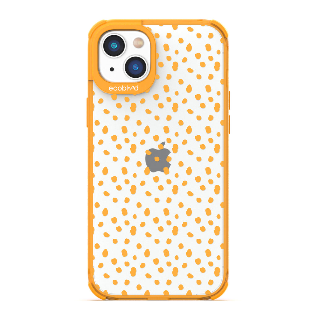 Timeless Collection - Yellow Laguna Compostable iPhone 14 Case With A Polka Dot Pattern On A Clear Back