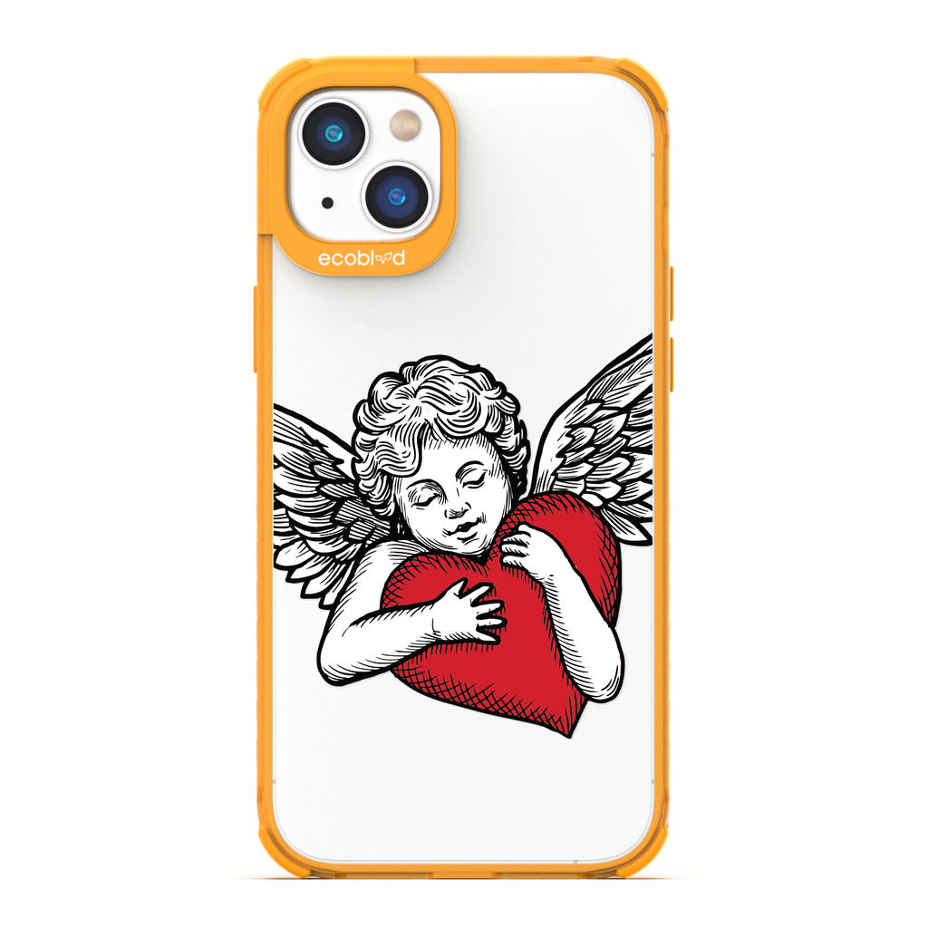  Love Collection - Yellow Compostable iPhone 14 Plus Case - Black & Grey Tattoo Style Cupid Holding Red Heart On A Clear Back
