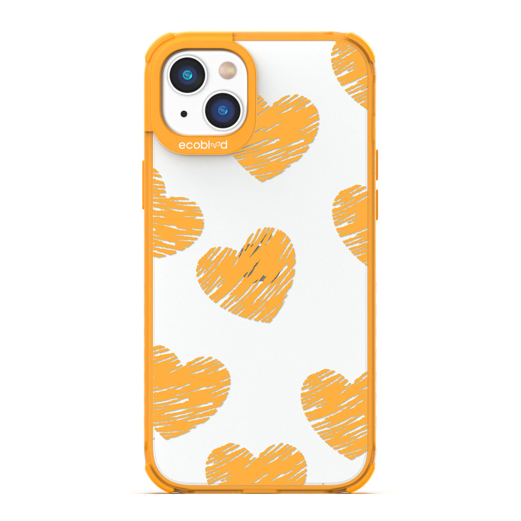 Love Collection - Yellow Compostable iPhone 14 Case - Yellow Scribbled Hearts On A Clear Back