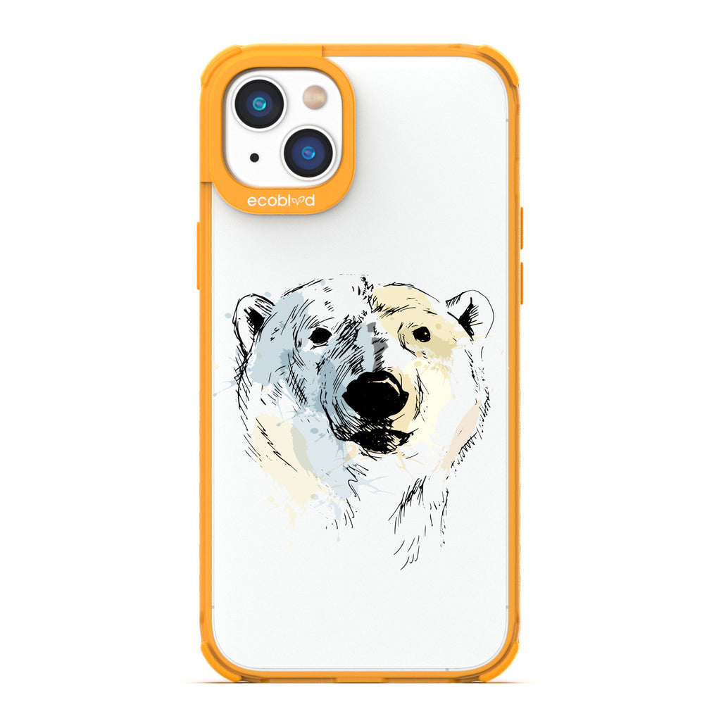 Back View Of Yellow Eco-Friendly iPhone 14 Plus Clear Case With The Polar Bear Design & Front View Of Screen
