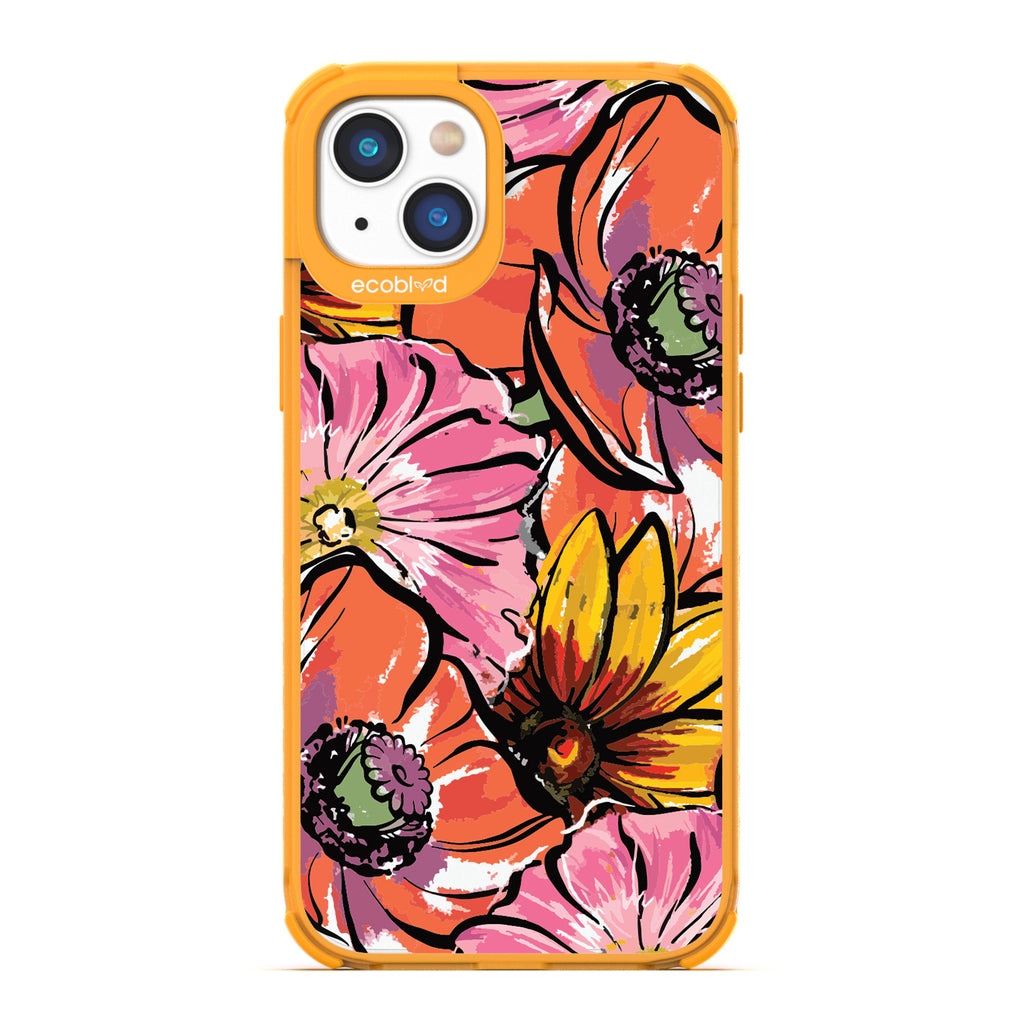 Spring Collection - Yellow Compostable iPhone 14 Case - Watercolor Spring Flowers Painting On A Clear Back