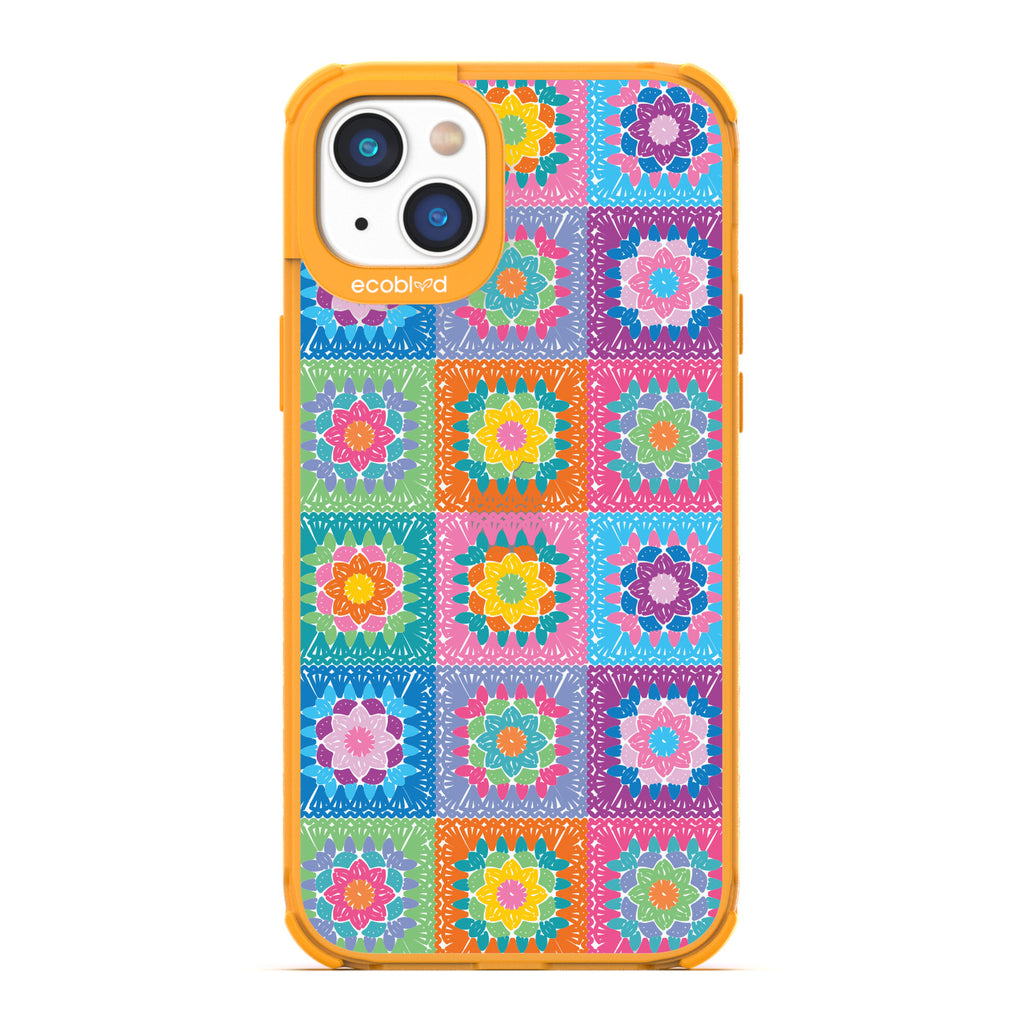 All Squared Away - Pastel Vintage Granny Squares Crochet - Eco-Friendly Clear iPhone 14 Plus Case With Yellow Rim 