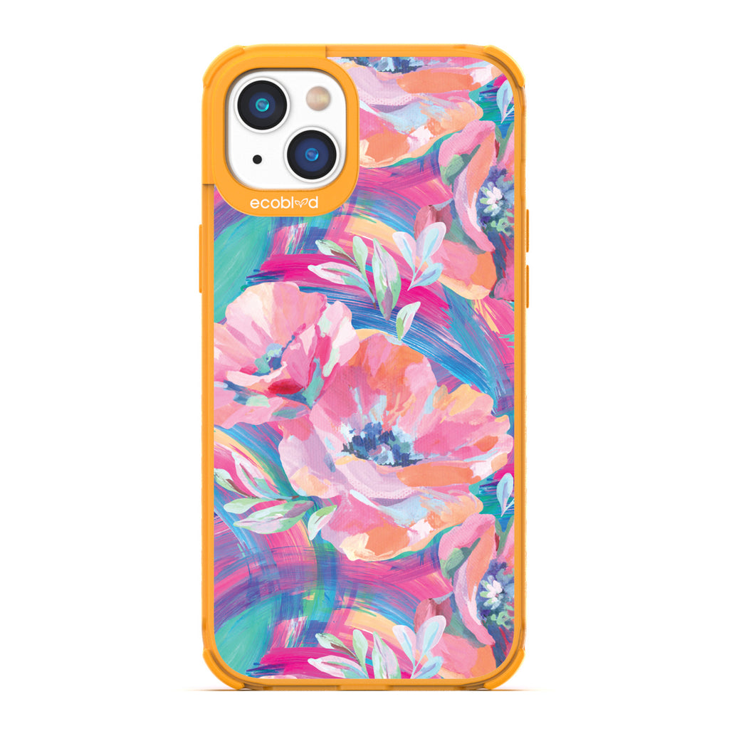 Spring Collection - Yellow Compostable iPhone 14 Plus Case - Pastel-Colored Abstract Painting Of Poppies On Clear Back