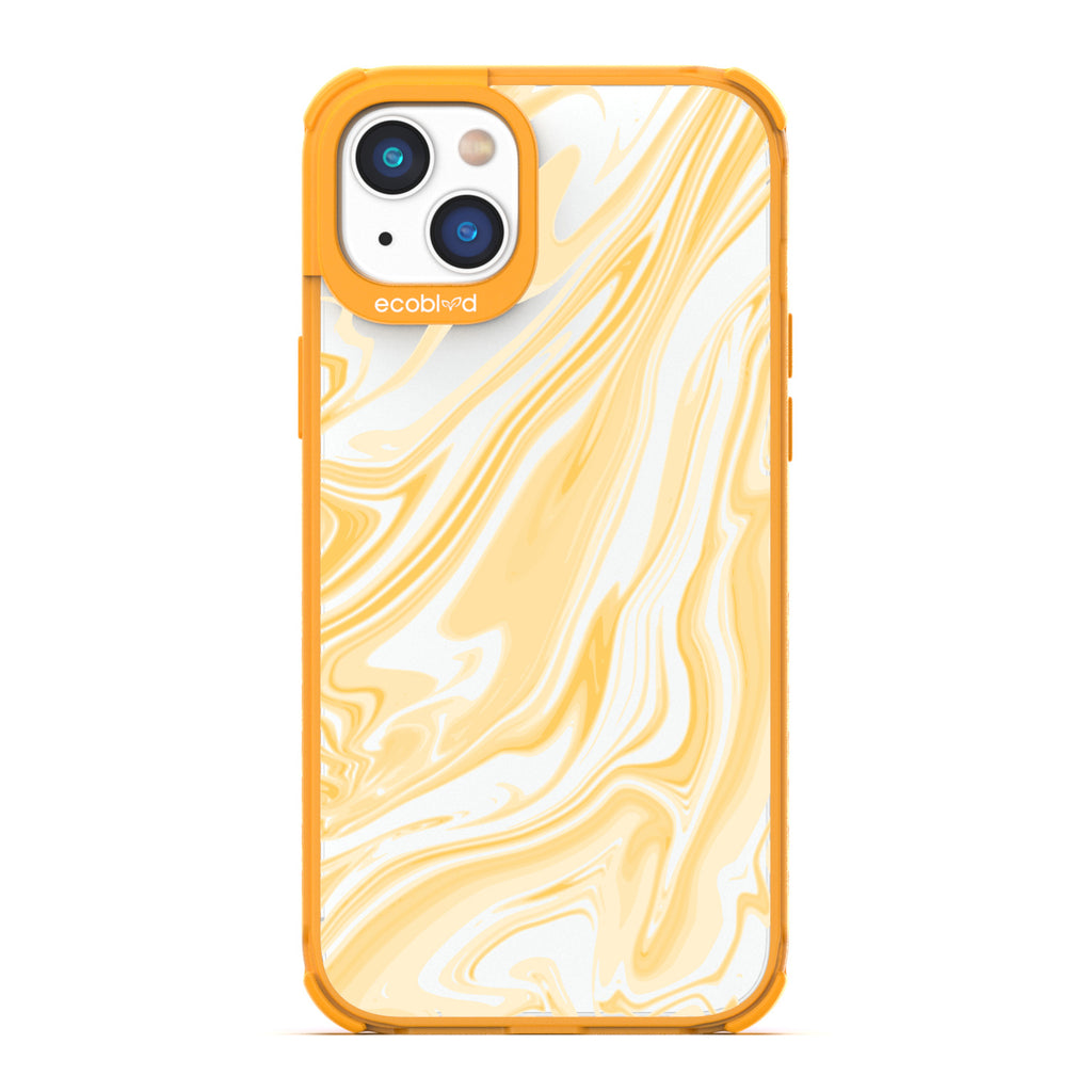 Timeless Collection - Yellow Laguna Compostable iPhone 14 Case With Marble Swirls On a Clear Back