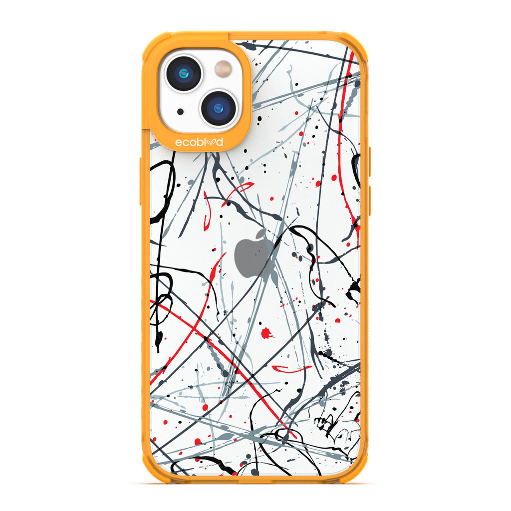 Contemporary Collection - Yellow Compostable iPhone 14 Case - Black & Red Paint Splatter On A Clear Back