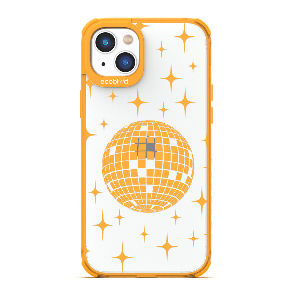 Winter Collection - Yellow Eco-Friendly iPhone 14 Plus Case - A Mirror Ball Shines With Stars On A Clear Back