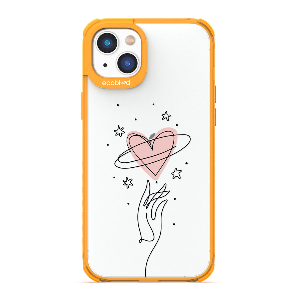 Be Still My Heart - Yellow Compostable iPhone 14 Plus Case - Line Art Hand Reaching Out For Pink Heart, Stars On A Clear Back