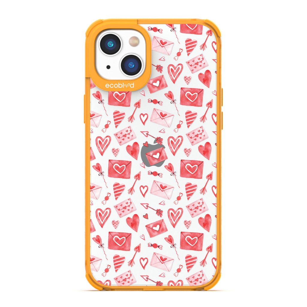 Love Collection - Yellow Compostable iPhone 14 Plus Case - Red & Pink Love Letter Envelopes, Hearts & Arrows On Clear Back