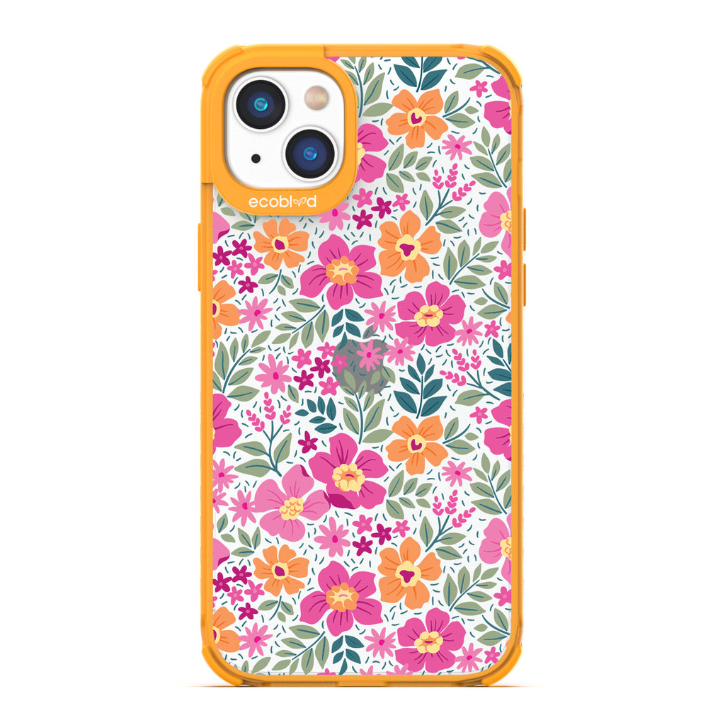 Spring Collection - Yellow Compostable iPhone 14 Plus Case - Bright, Colorful  Vintage Cartoon Flowers with Leaves On A Clear Back