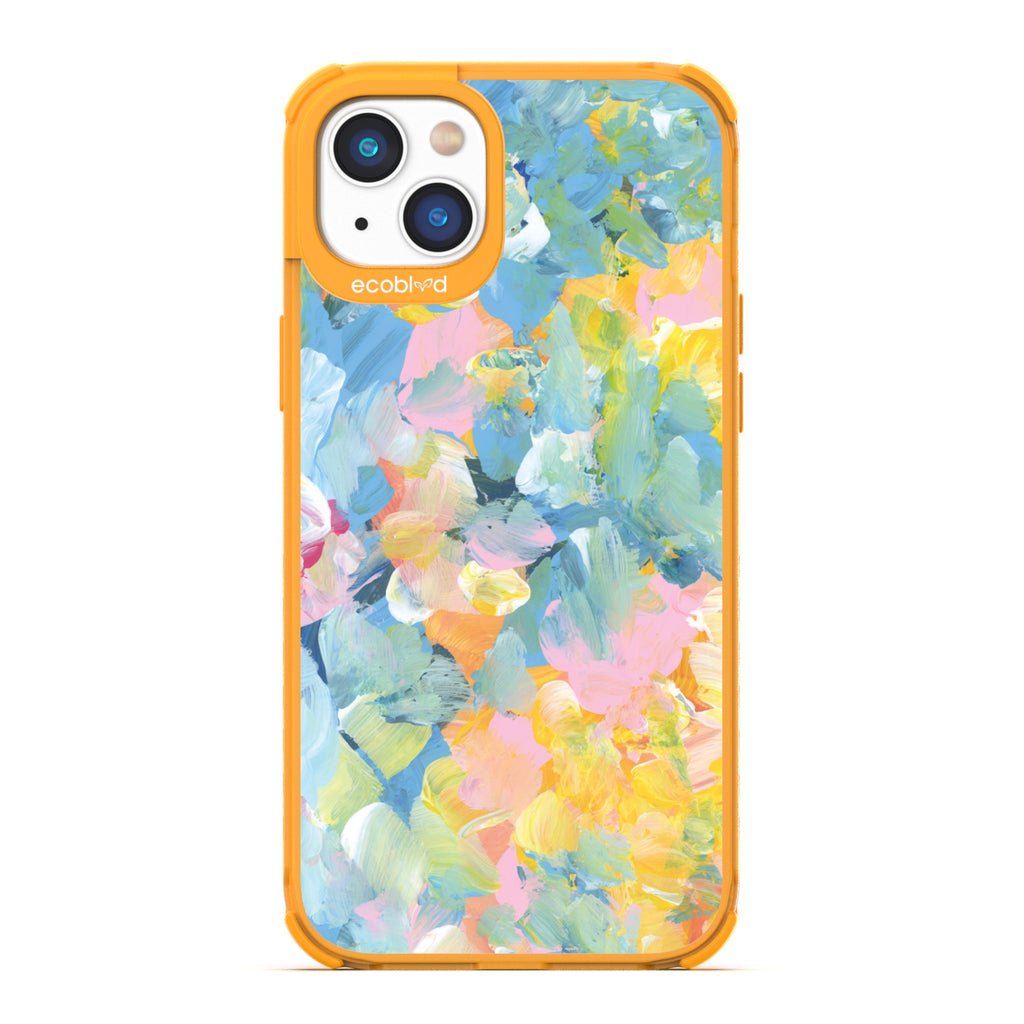 Spring Collection - Yellow Compostable iPhone 14 Case - Pastel Acrylic Abstract Paint Smears & Blots On A Clear Back