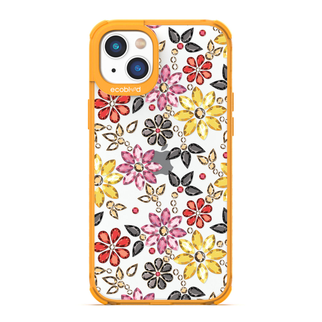 Spring Collection - Yellow Compostable iPhone 14 Case - Rhinestone Jewels In Floral Patterns On A Clear Back