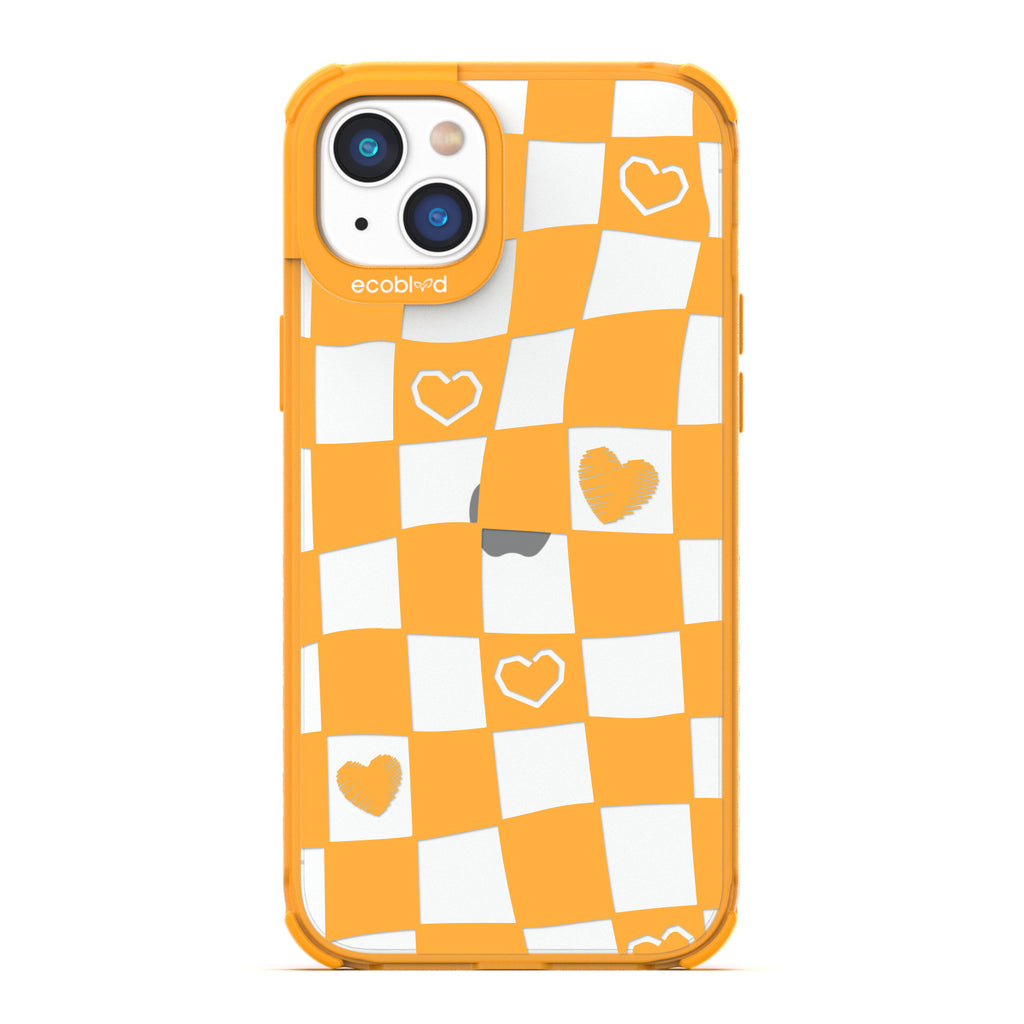 Love Collection - Yellow Compostable iPhone 14 Case - Wavy Checkered Print & Scribbled Hearts On A Clear Back