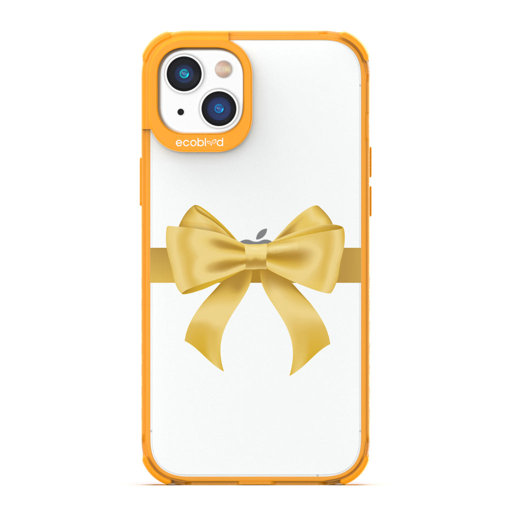 Winter Collection - Yellow Eco-Friendly Laguna iPhone 14 Case With A Yellow Gift Bow Printed On A Clear Back
