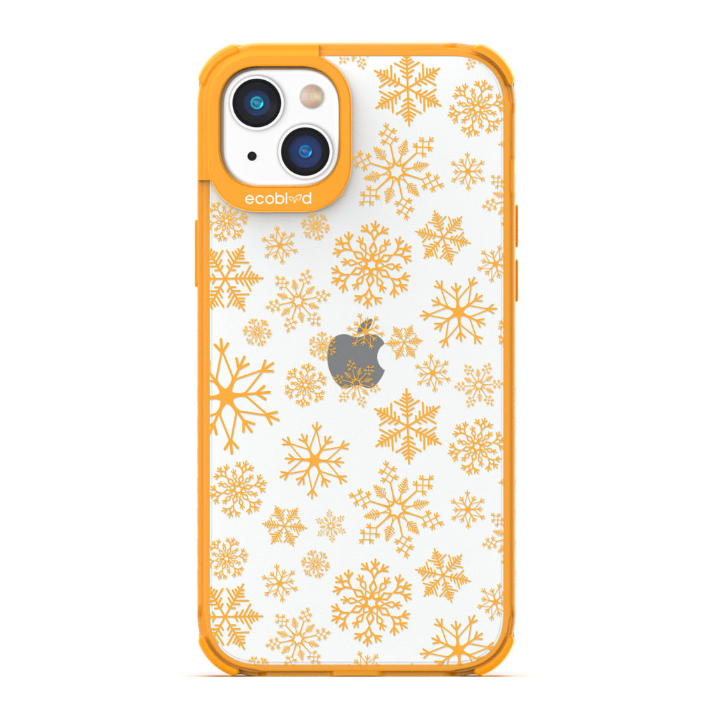 Winter Collection - Yellow Eco-Friendly Laguna iPhone 14 Case With A Snowflake Pattern On A Clear Back