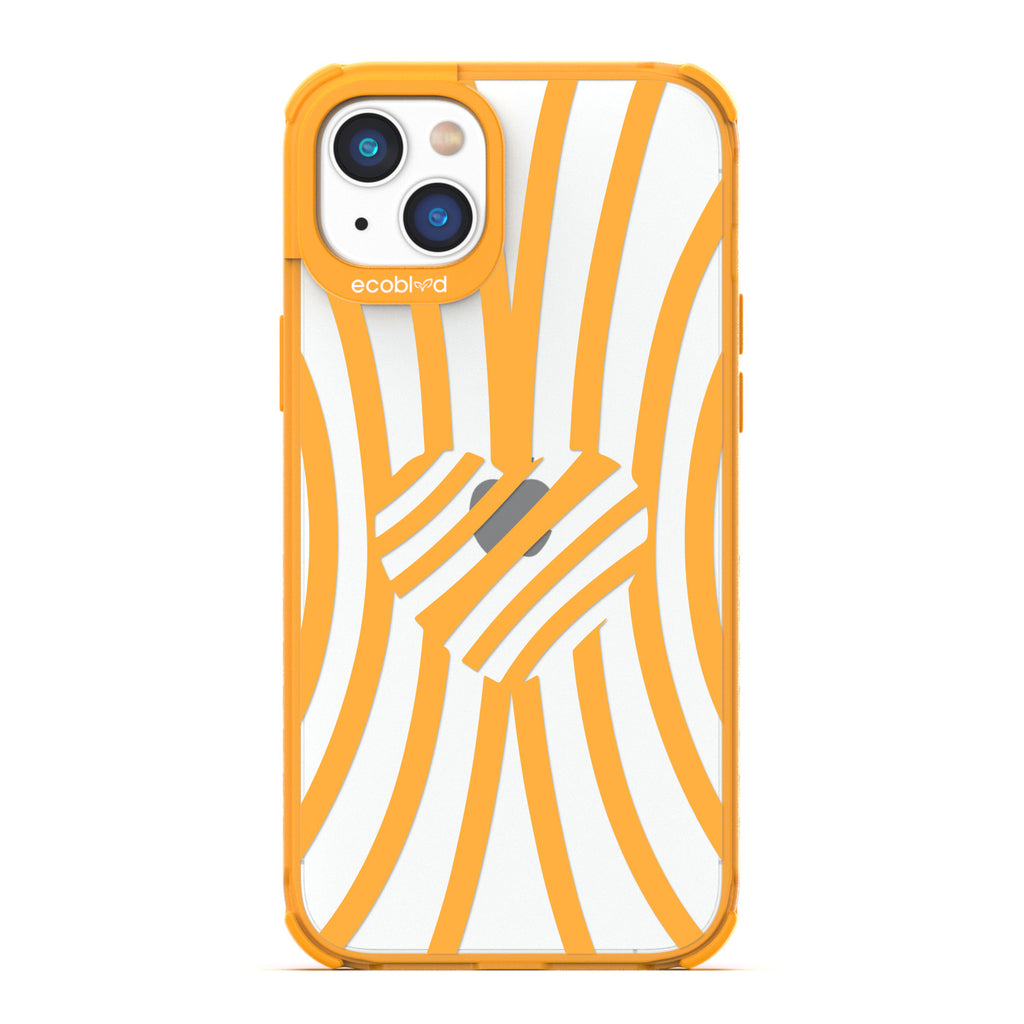 Love Collection - Yellow Compostable iPhone 14 Case - Yellow Zebra Stripes & A Heart In The Center On A Clear Back