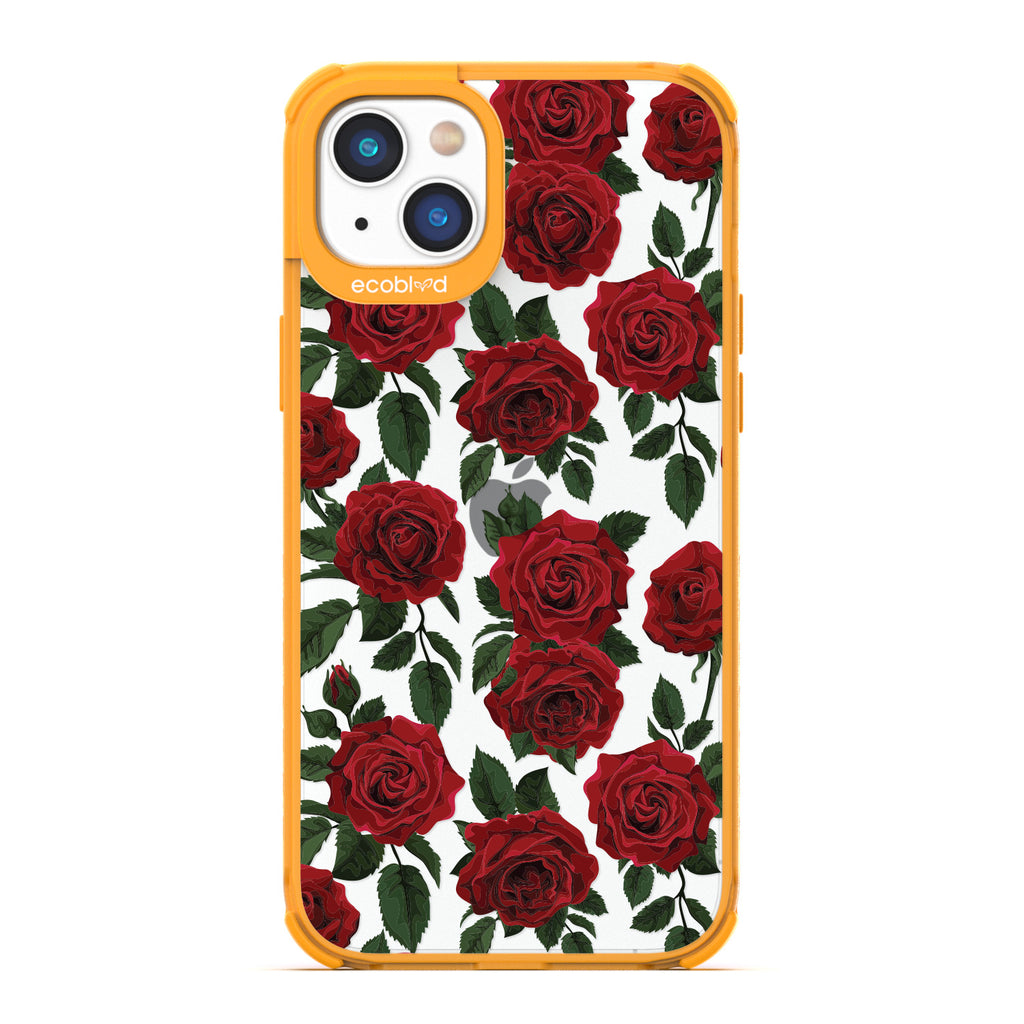 Love Collection - Yellow Compostable iPhone 14 Plus Case - Red Roses & Leaves On A Clear Back