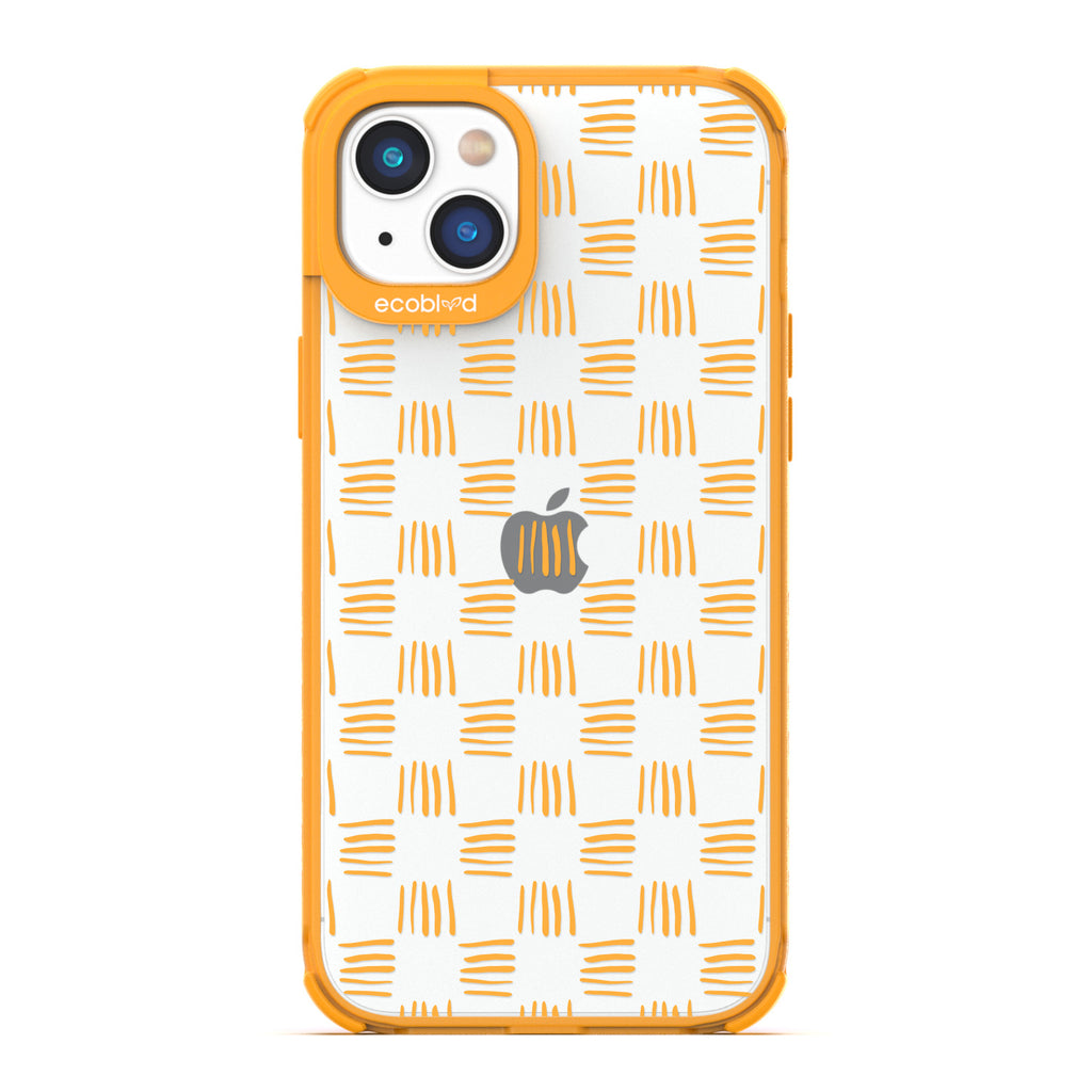 Contemporary Collection - Yellow Compostable iPhone 14 Case - Wicker Inspired Rattan Pattern On A Clear Back