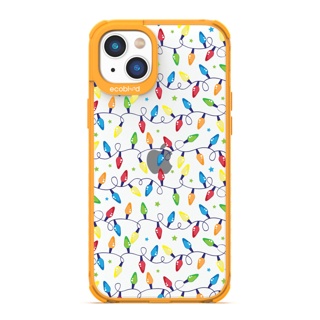 Winter Collection - Yellow Compostable Laguna iPhone 14 Plus Case With Multicolored Christmas Lights & Stars On A Clear Back