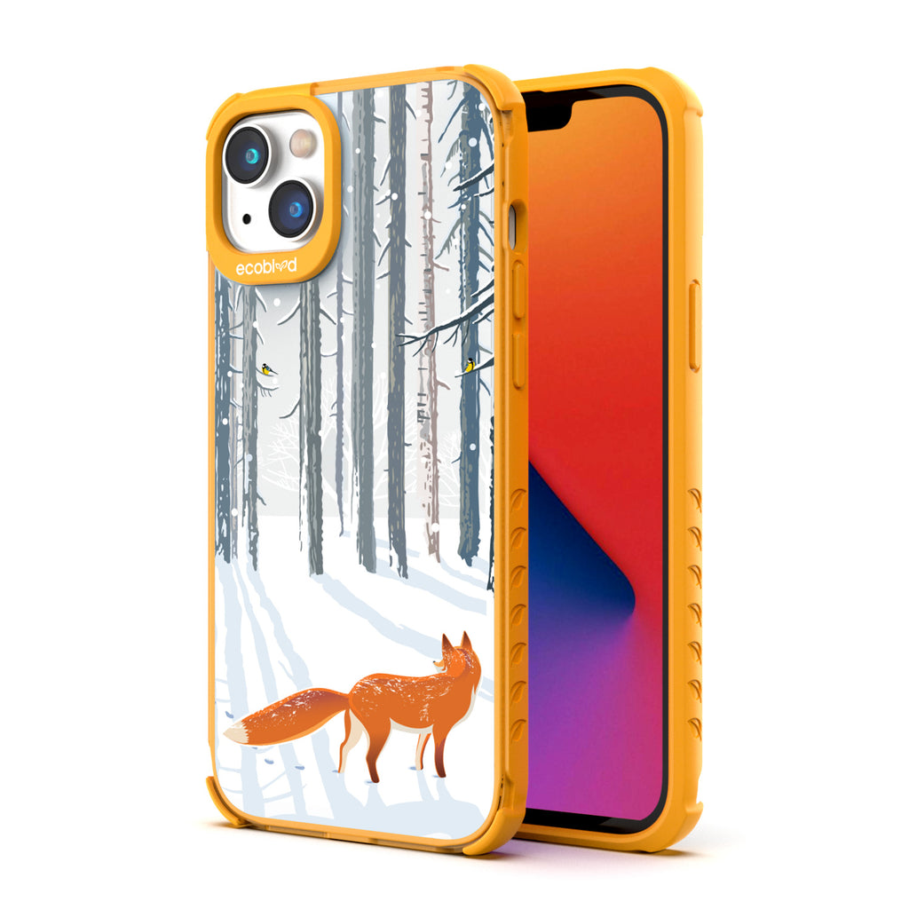 Back View Of Yellow Eco-Friendly iPhone 14 Clear Case With The Fox Trot In The Snow Design & Front View Of Screen