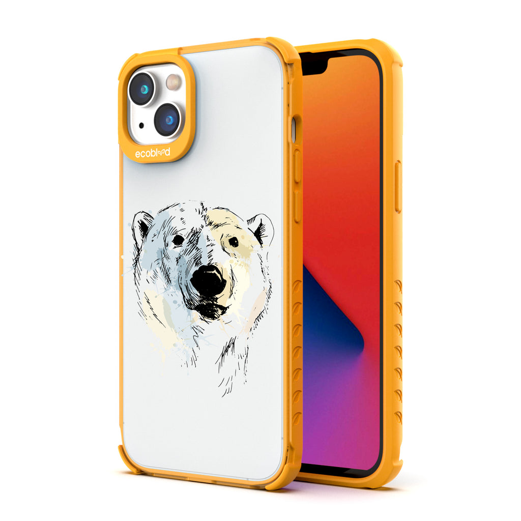 Back View Of Yellow Eco-Friendly iPhone 14 Clear Case With The Polar Bear Design & Front View Of Screen