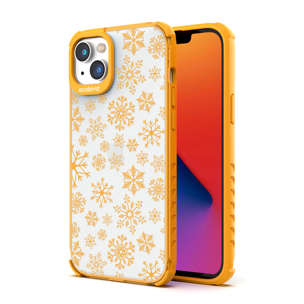 Back View Of Eco-Friendly Yellow iPhone 14 Winter Laguna Case With The Let It Snow Design & Front View Of The Screen