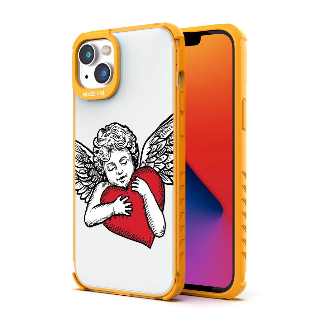 Back View Of Yellow Eco-Friendly iPhone 14 Plus Clear Case With The Cupid Design & Front View Of Screen