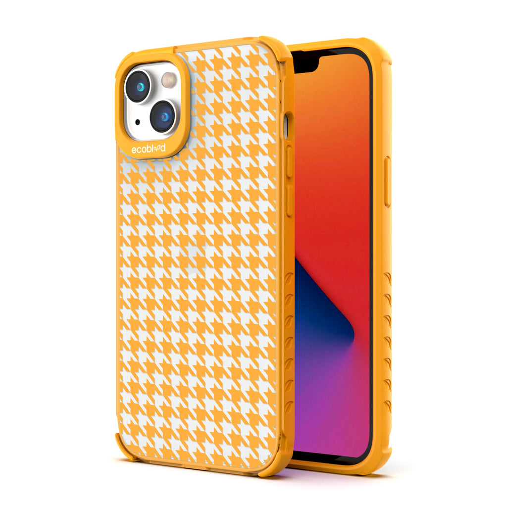 Back View Of Eco-Friendly Yellow iPhone 14 Timeless Laguna Case With Houndstooth Design & Front View Of Screen 