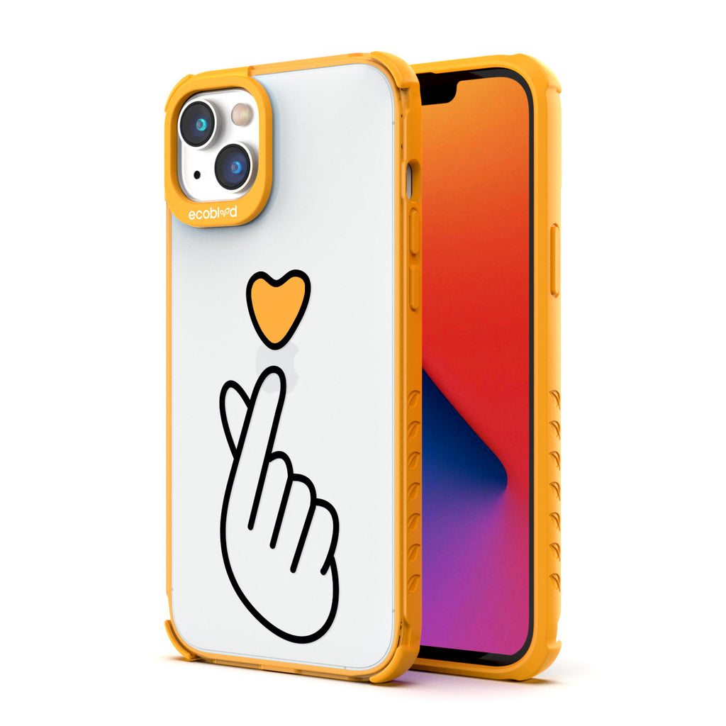 Back View Of Yellow Eco-Friendly iPhone 14 Plus Clear Case With The Finger Heart Design & Front View Of Screen