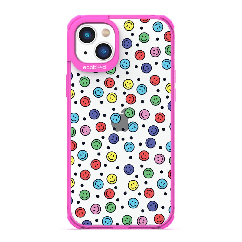 Laguna Collection - Pink Eco-Friendly iPhone 14 Case With Multicolored Smiley Faces & Black Dots On A Clear Back 