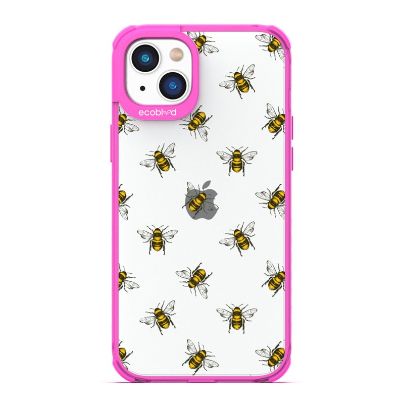 Laguna Collection - Pink Eco-Friendly iPhone 14 Case With A Honey Bees Design On A Clear Back - Compostable
