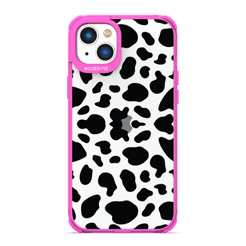 Laguna Collection - Pink Eco-Friendly iPhone 14 Case With A Black Spot Cow Print Pattern On A Clear Back - Compostable