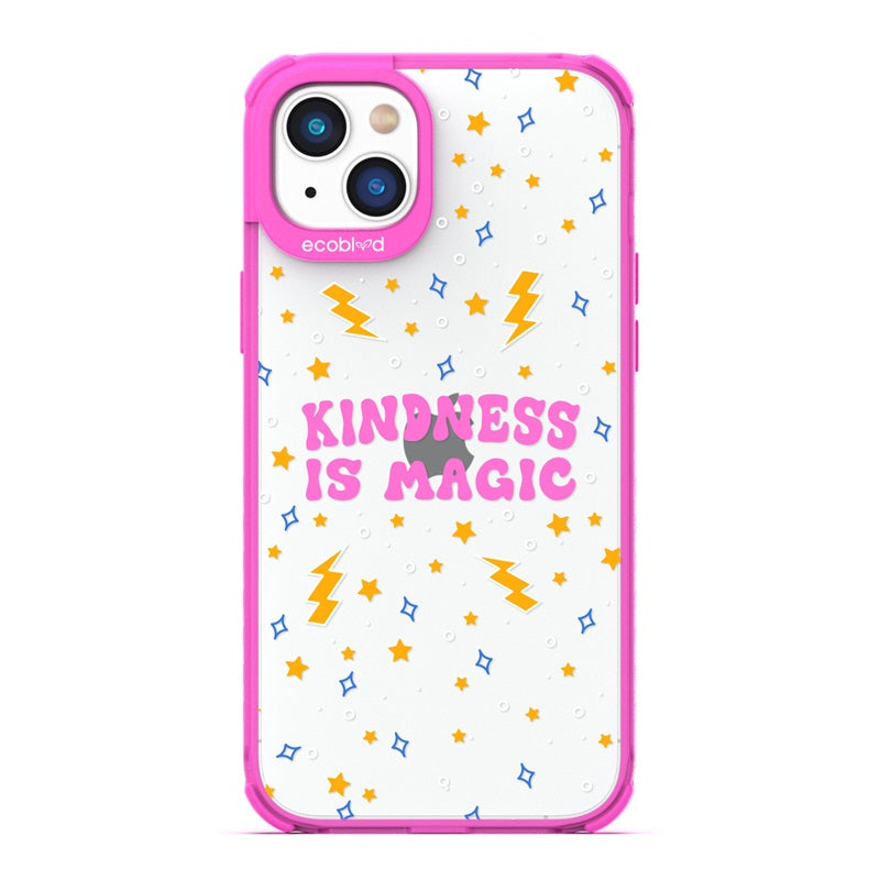 Laguna Collection - Pink Compostable iPhone 14 Case With Kindness Is Magic, Lightning & Stars On A  Clear Back