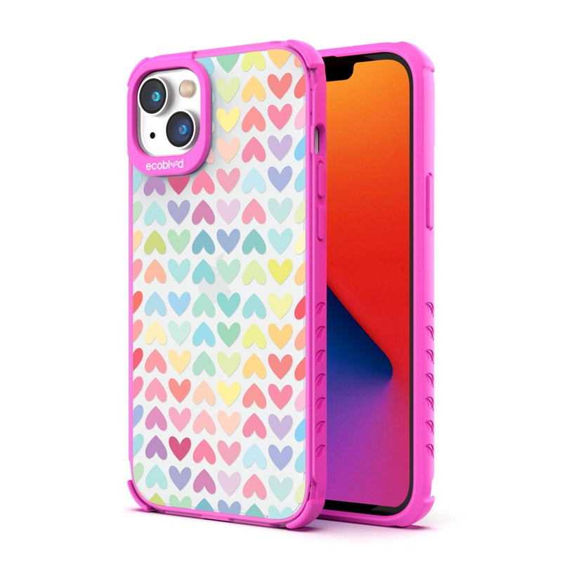 Back View Of Pink Compostable Laguna iPhone 14 Case With Love Is Love Design & Front View Of Screen