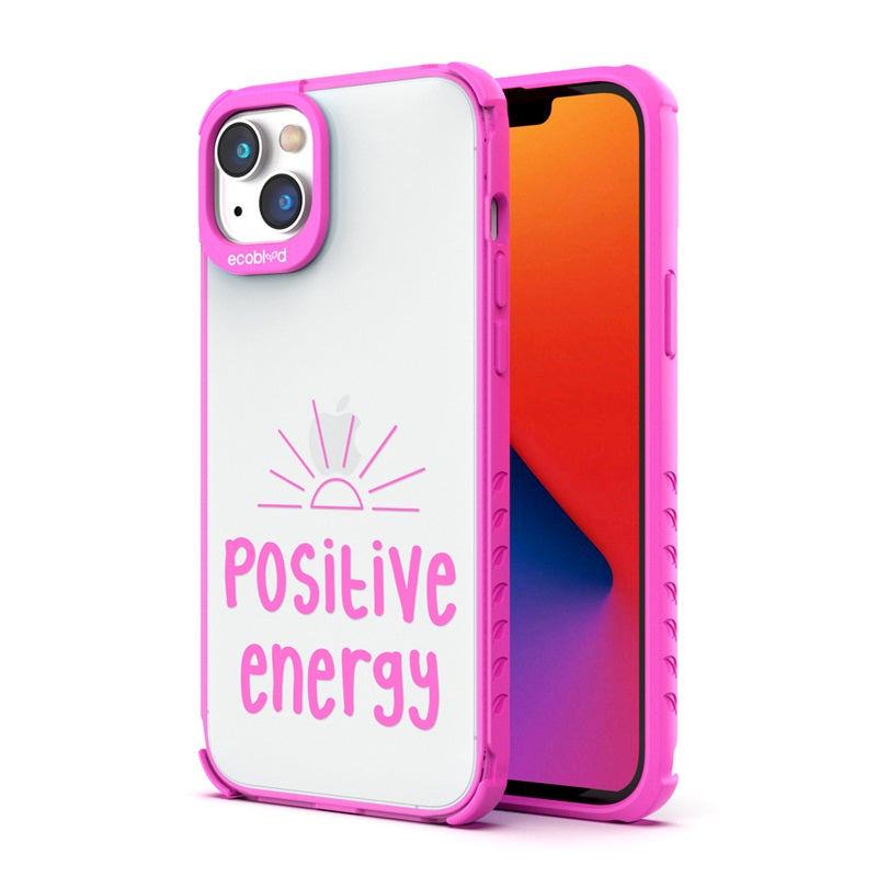 Back View Of The Pink iPhone 14 Laguna Case With The Positive Energy Design On A Clear Back And Front View Of The Screen