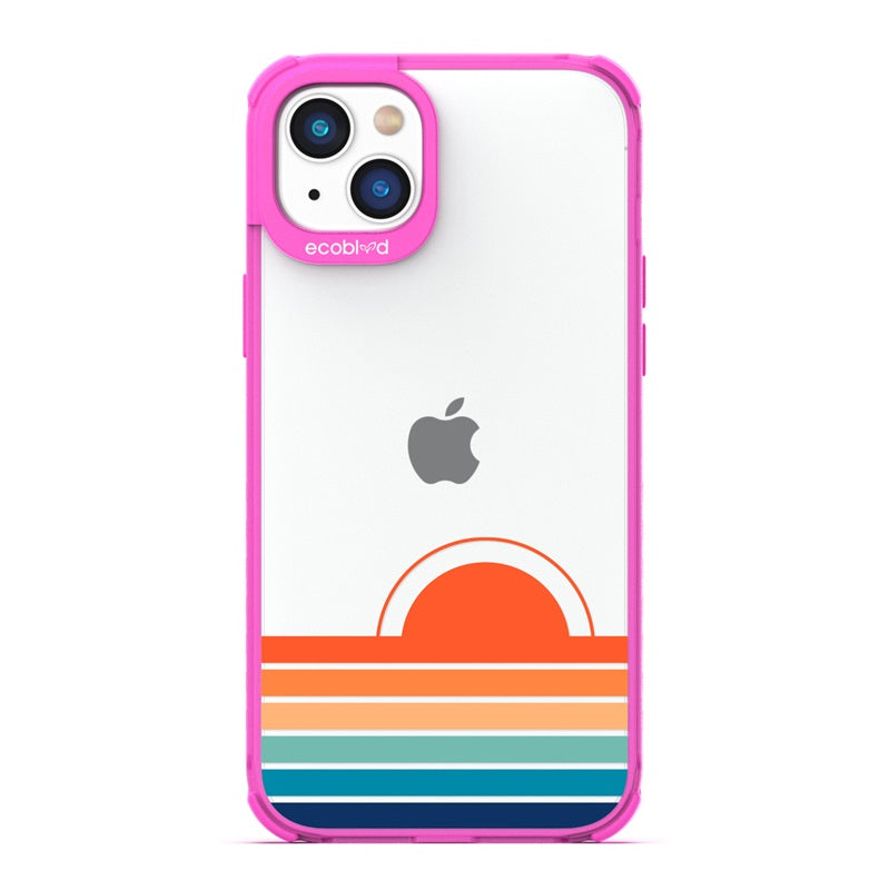 Laguna Collection - Pink Eco-Friendly iPhone 14 Case With The Sun Rising From Rainbow Stripes On A Clear Back - Compostable