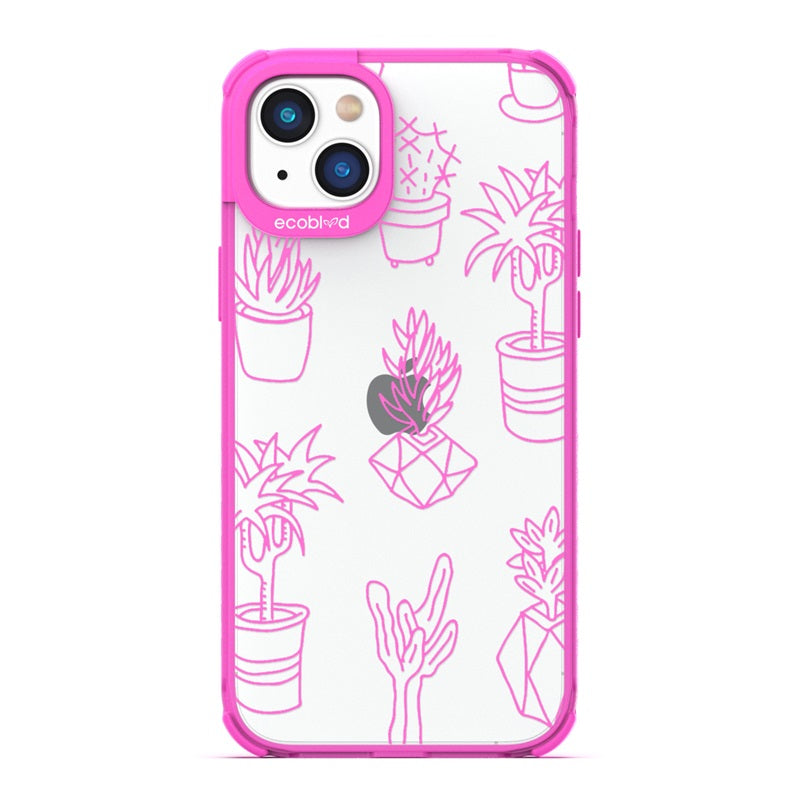Laguna Collection - Pink Eco-Friendly iPhone 14 Case With Line Art Succulent Garden Print On A Clear Back - Compostable