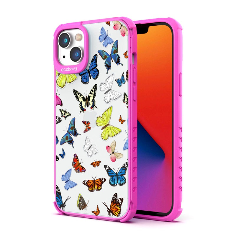 Back View Of The Pink iPhone 14 Laguna Case With You Give Me Butterflies Design On A Clear Back And Front View Of The Screen