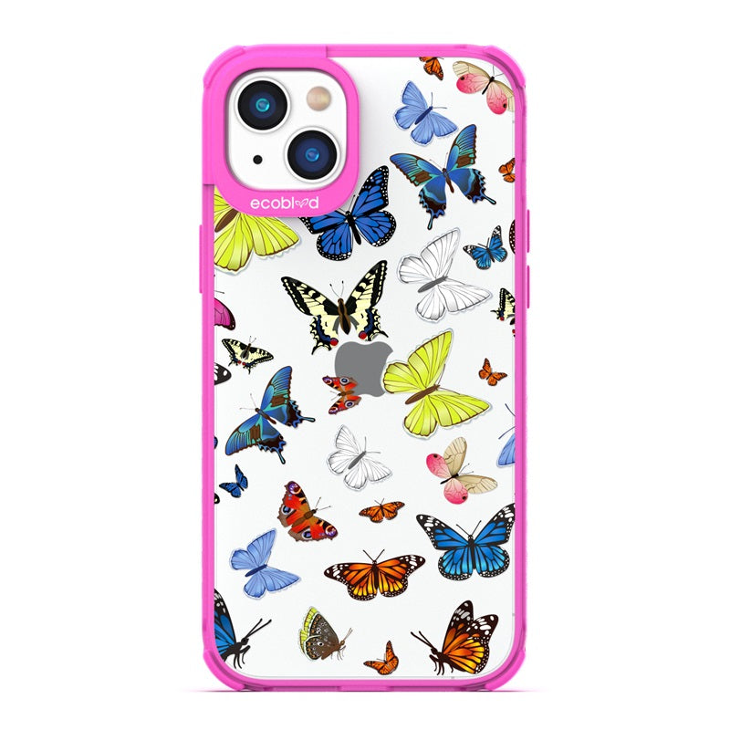 Laguna Collection - Pink Eco-Friendly iPhone 14 Case With Multicolored Butterflies On A Clear Back - Compostable