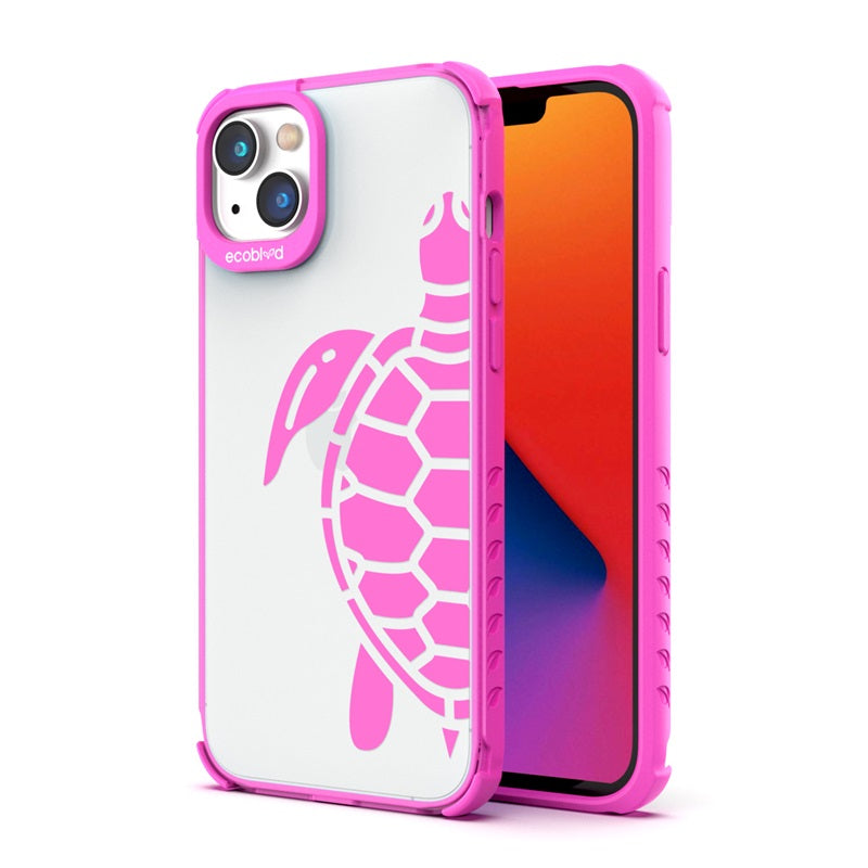 Back View Of The Pink iPhone 14 Laguna Case With The Sea Turtle Design On A Clear Back And Front View Of The Screen