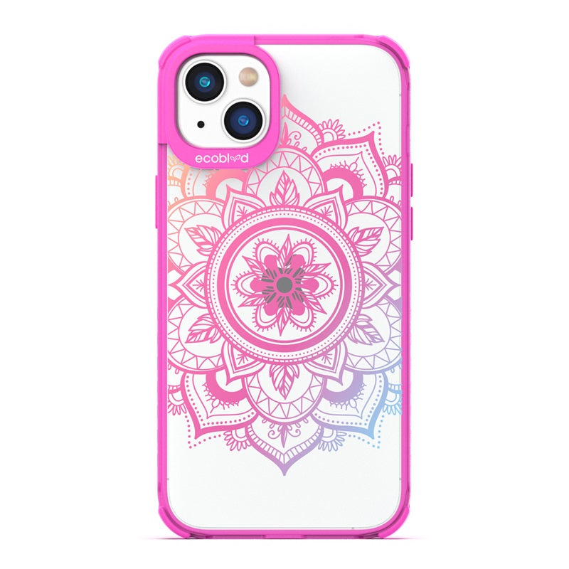 Laguna Collection - Pink Eco-Friendly iPhone 14 Case With A Pink Gradient Lotus Flower Mandala Design On A Clear Back 